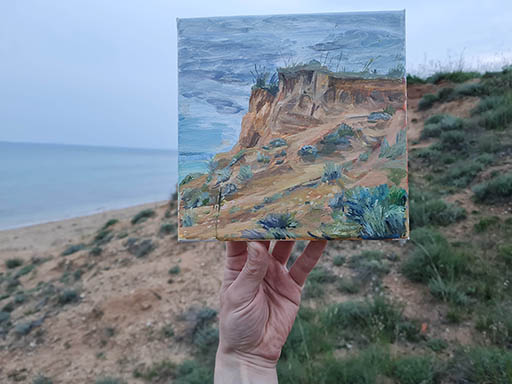 Jan Chlup, painting, shore, 20x20 cm, oil on canvas, 2022